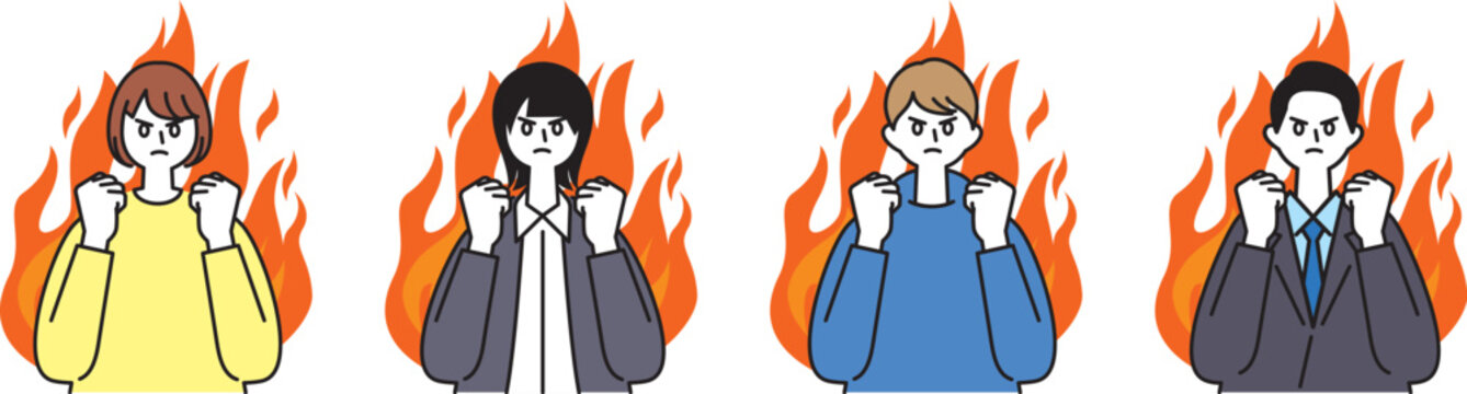 ファイティングポーズをとってメラメラと闘志むき出しで燃える男女のイラスト