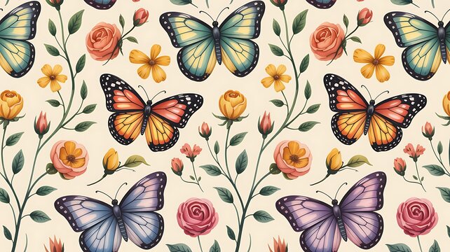 Colorful butterflies and flowers on beige background pattern
