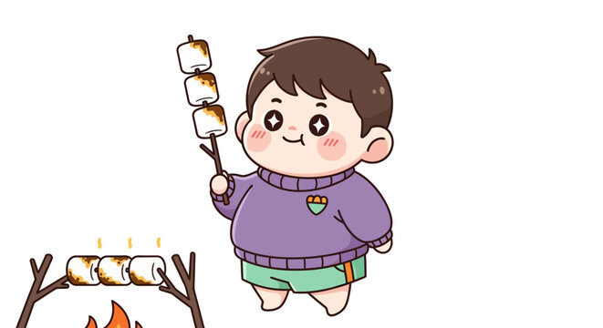 Happy cartoon boy roasting marshmallows over campfire.