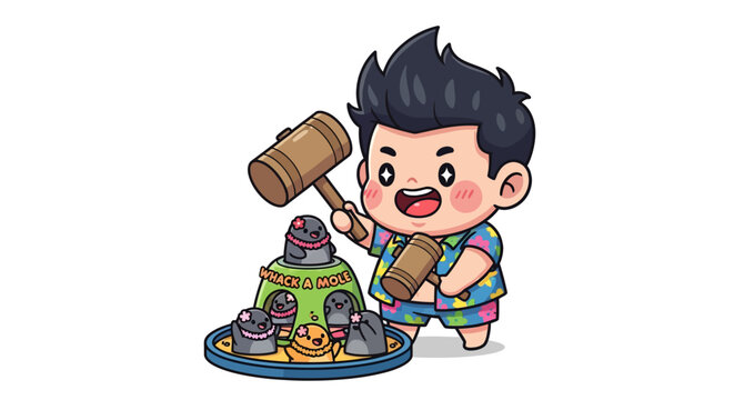 Cartoon Boy Smashing Colorful Cake with Wooden Hammer.