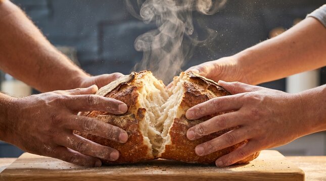 Hands Tearing Fresh Sourdough Bread with Rising Steam and Crisp Crust Texture