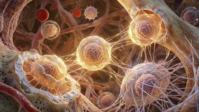 Pluripotent cell undergoing differentiation within biological scaffold, displaying progenitor organism developing into specialized structure, complex molecular interaction.
