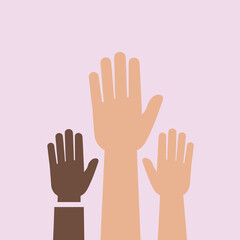 Obraz premium Three hands of different skin tones are raised against a soft background