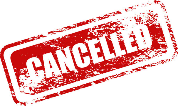 Cancelled red stamp with white text on white background
