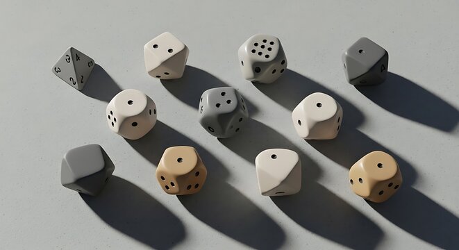 A collection of 12 sided dice in neutral tones displayed on a textured grey background with soft shadows cast from overhead light in a studio setting