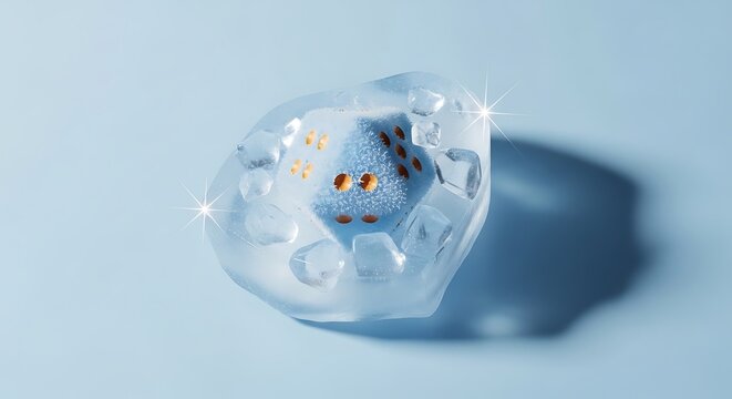 A 12 sided dice frozen inside a transparent ice block with melting ice cubes on a solid light blue background for a gaming or cold concept photography.