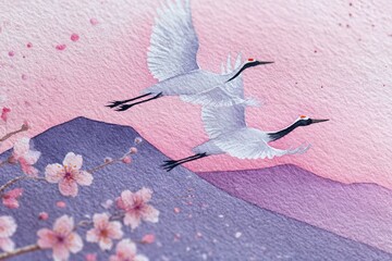 Fototapeta premium Watercolor postcard graceful cranes flying above mountain peaks and blooming cherry blossoms. for travel designs, greeting cards, cultural projects, seasonal decorations, concept of peace, harmony
