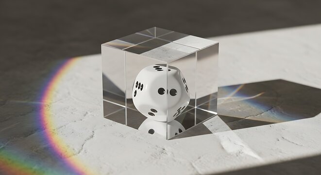 A 12 sided dice encased inside a transparent glass cube reflecting light with a beautiful rainbow dispersion effect on a bright textured stone surface.