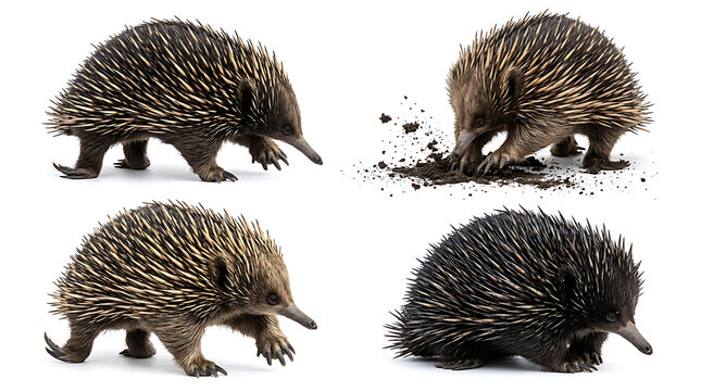 Four isolated echidnas in different poses on a white background
