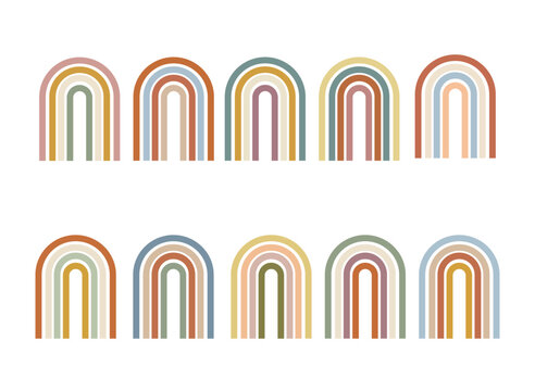 Boho Rainbow Collection in Soft Pastel Colors for Nursery Decoration. Minimal Scandinavian Arch Shapes for Wall Art and Textile Design. Modern Bohemian Vector Set for Kids Room Prints.