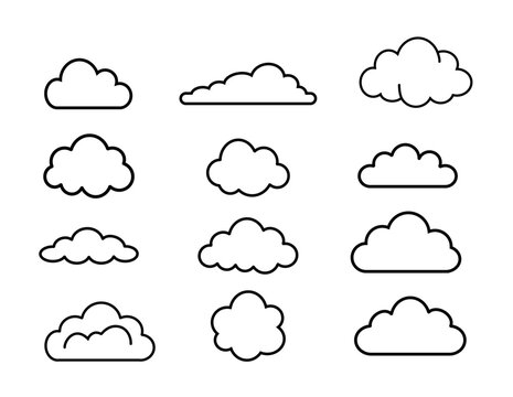 Cloud Outline Icon Collection with Weather Symbols, Sky Elements and Minimal Line Style Vector Set for Forecast and UI Design