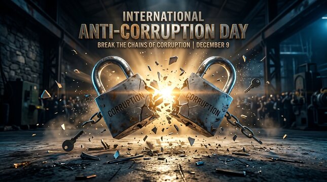 International Anti-Corruption Day banner with a massive metal padlock engraved with "CORRUPTION" shattering into pieces from a bright burst of light on December 9.
