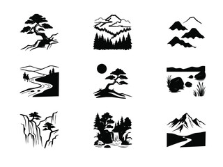 Fototapeta premium Collection of traditional japanese and chinese art landscape elements, features trees, mountains, rivers, and waterfalls, for design projects.