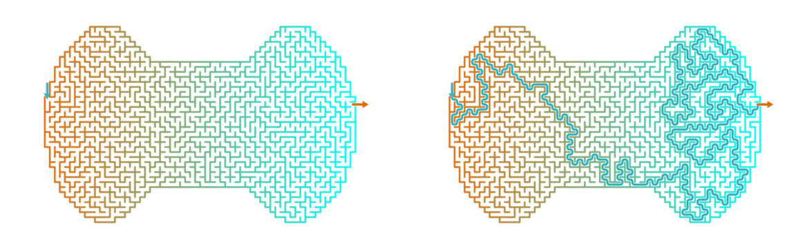 Bone shaped maze puzzle for Pet Day. Printable labyrinth game for kids with solution. Gradient vector illustration on transparent background