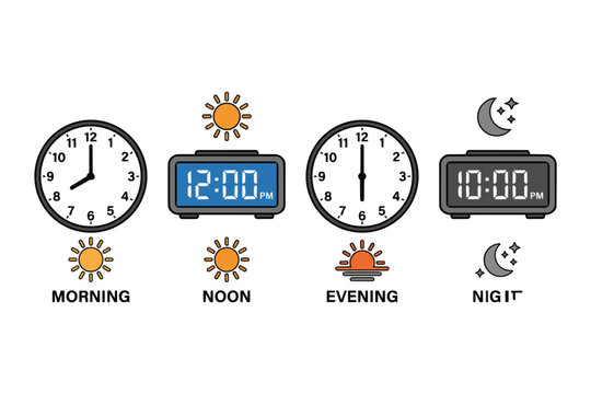 Day and night time concept with analog and digital clocks illustration. of different times of day morning, noon, evening, and night using analog and digital clocks with sun and moon icons.