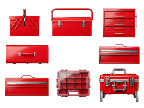 Extensive collection of red metal tool storage, featuring various toolboxes, drawer units, and cases. A clean 3D render.