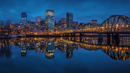 Fototapeta premium Portland Oregon Skyline at Twilight Reflected in the Willamette River with Steel Bridge