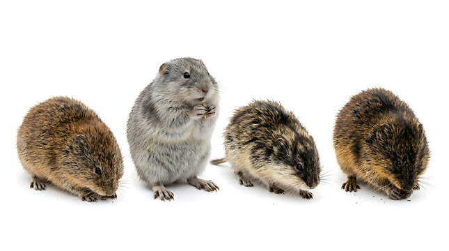 Four cute small rodents isolated on a white background, studio shot