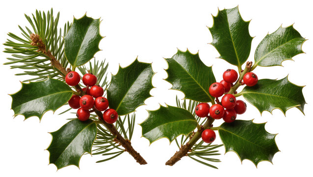 Holly branches with red berries and pine needles