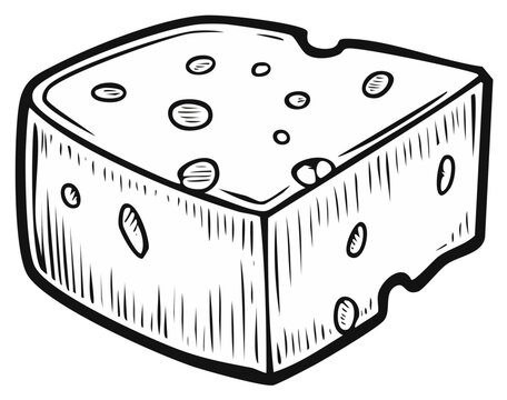 Hand drawn sketch of a Swiss cheese block with holes and a bite mark