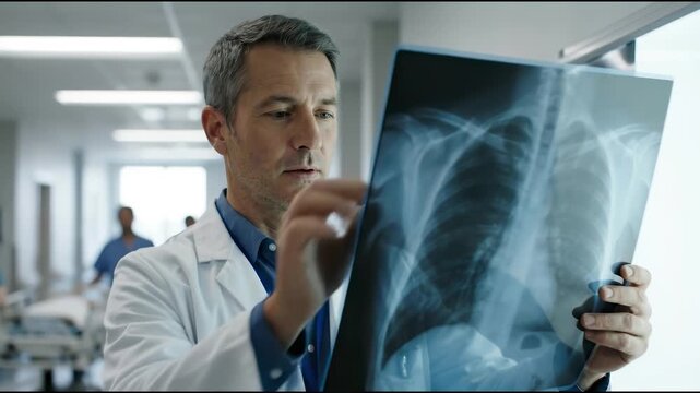 Male doctor in lab coat examining chest x-ray film in busy hospital corridor