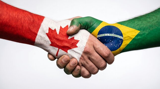 International handshake between two arms painted with the national flags of Canada and Brazil symbolizing cooperation.