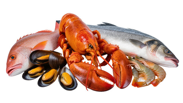 Cooked lobster mussels shrimp, and two types of fish
