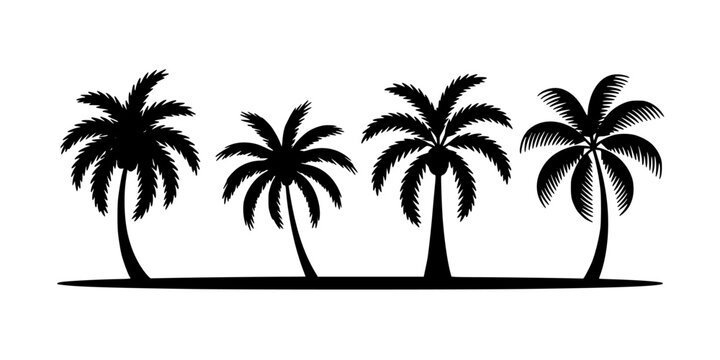 Palm Tree Silhouettes with Simple Beach Horizon Line, Tropical Island Vegetation Graphic on White Background