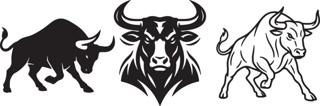 Set of three bull graphics: charging silhouette, fierce detailed head, and powerful line art.