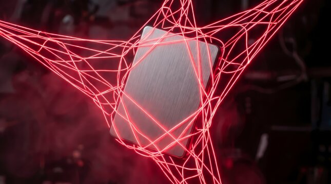 External hard drive entangled in glowing red neon webs representing ransomware and data hostage cyber attacks.