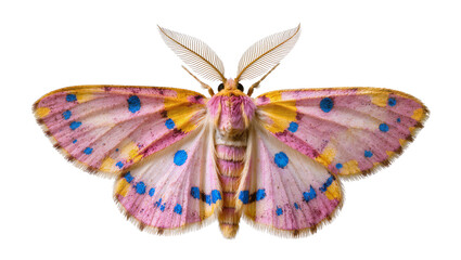 Pink and yellow moth with blue spots and feathery antennae © Corman