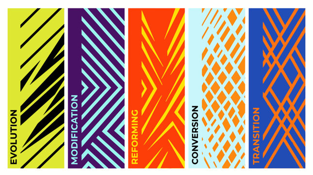 Abstract five-panel color block design with diagonal stripes and labeled concepts: evolution, modulation, conversion, and perception for modern visual branding
