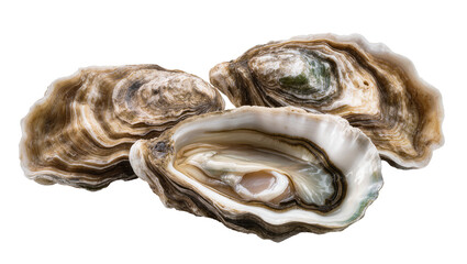 Three fresh oysters, one opened showing glistening meat © Corman