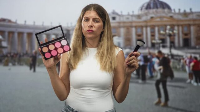 Young woman holds makeup palette and brush, pouting while presenting the palette and wearing a white sleeveless top on a street near a basilica; skepticism beauty.