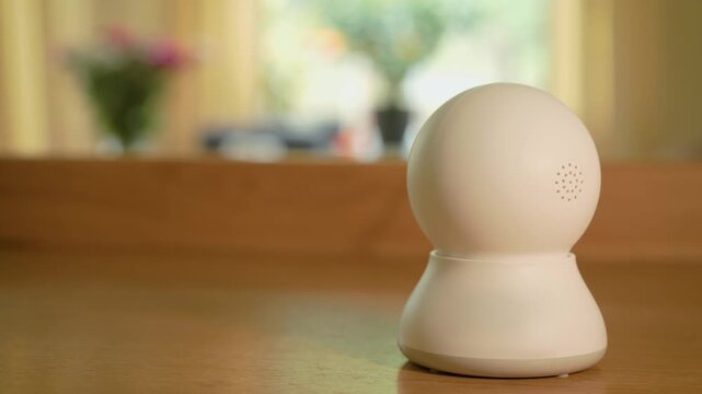 Smart kitchen security camera monitoring home interior for safety protection. Connected IP surveillance device supporting remote observation of cooking area and household security. Home automation