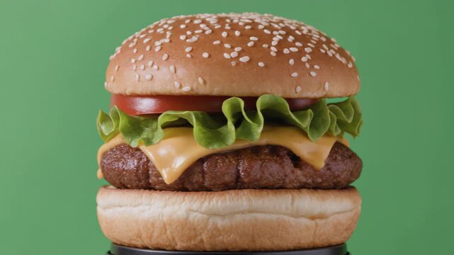Freshly made beef burger with melted cheese, lettuce, and tomato rotating. Classic fast food meal presented on a vibrant green background