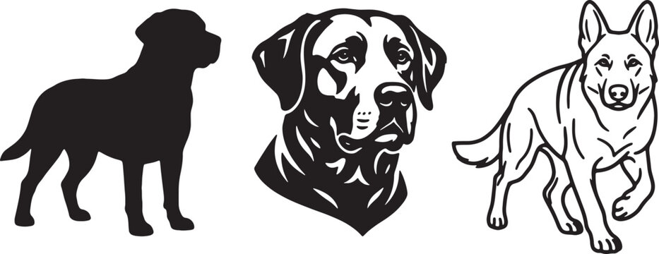 Dog breed collection with labrador silhouette and german shepherd line art vector illustration.