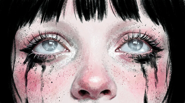 Close-up watercolor portrait of a young sad girl: tears, black hair, pale face, smudged makeup, shiny eyes, emotional, vulnerable but strong.