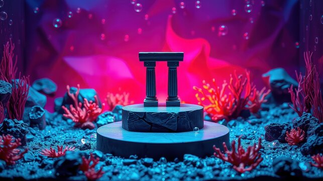Submerged ruins, glowing neon colors, coral formations. Dramatic lighting creates surreal underwater scene. Bubbles float upwards.