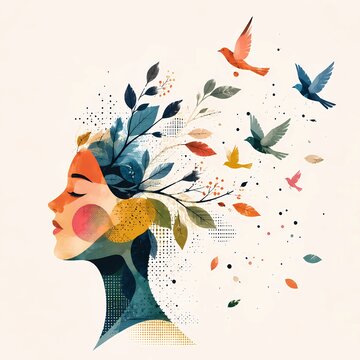 Surreal mixed media woman profile illustration with botanical hair and flying songbirds, mental wellness art concept
