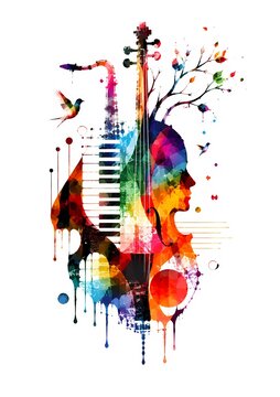 Surreal avant-garde music collage with violin, saxophone and piano keys, abstract watercolor double exposure art