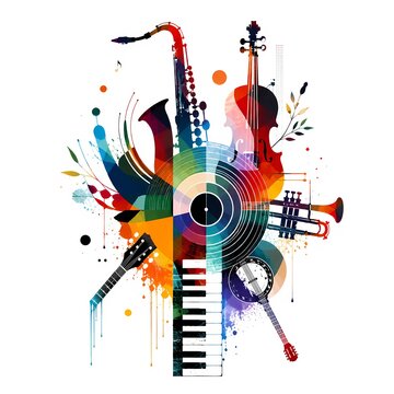 Abstract jazz music collage with vinyl record turntable concept, saxophone trumpet and piano colorful retro art