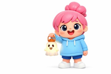 Fototapeta premium Cute cartoon character with pink hair holding a glowing ghost lantern for Halloween