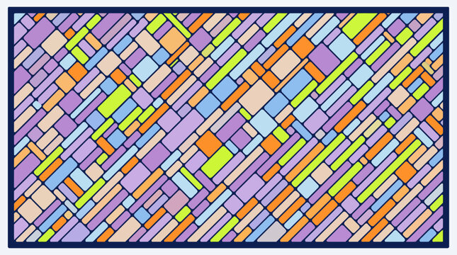 Abstract geometric mosaic of colorful rectangular tiles in a woven grid, a vibrant modern wall art piece for contemporary interiors.