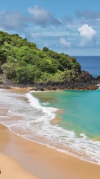 Fernando de Noronha, Brazil. Aerial view. Sancho beach in vertical video.