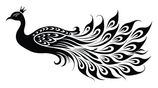 Peacock silhouette illustration with intricate feather design and ornate patterns