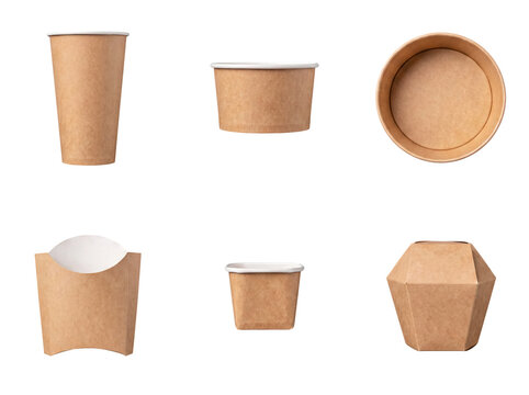 Collection of eco-friendly brown paper food packaging, including cups and bowls, on transparent background.
