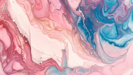 Fototapeta premium Cream pink and blue fluid paint layers in marbled pattern