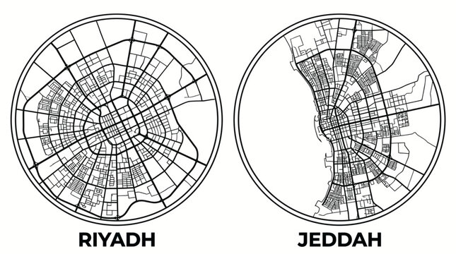 Dual circular street maps of Riyadh and Jeddah, Saudi Arabia, in a technical blueprint style for urban planning and travel visuals.