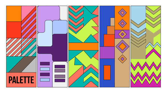 Collection of vibrant color palettes and geometric patterns for graphic design, branding, and textile projects